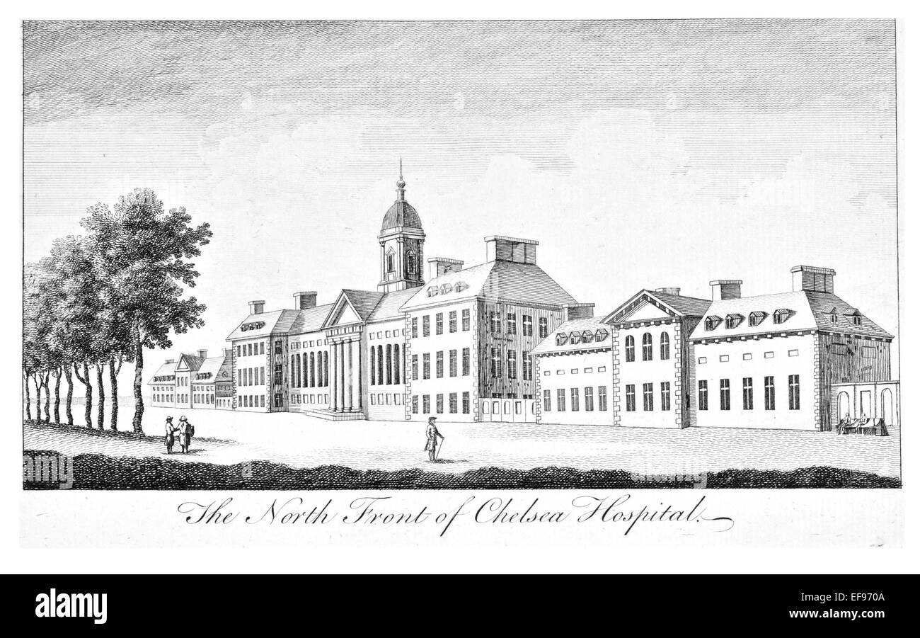 Gravure sur cuivre 1776 beautés du paysage Angleterre plus élégant de magnifiques édifices publics. Façade nord l'hôpital de Chelsea Londres Banque D'Images