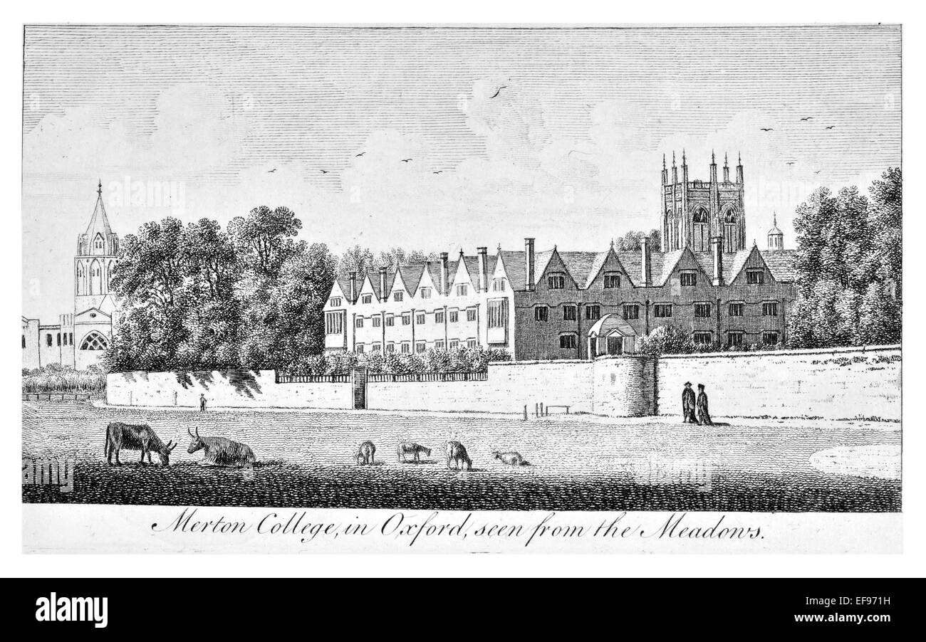 Gravure sur cuivre 1776 beautés du paysage Angleterre plus élégant de magnifiques édifices publics. Merton College Oxford Meadows Banque D'Images