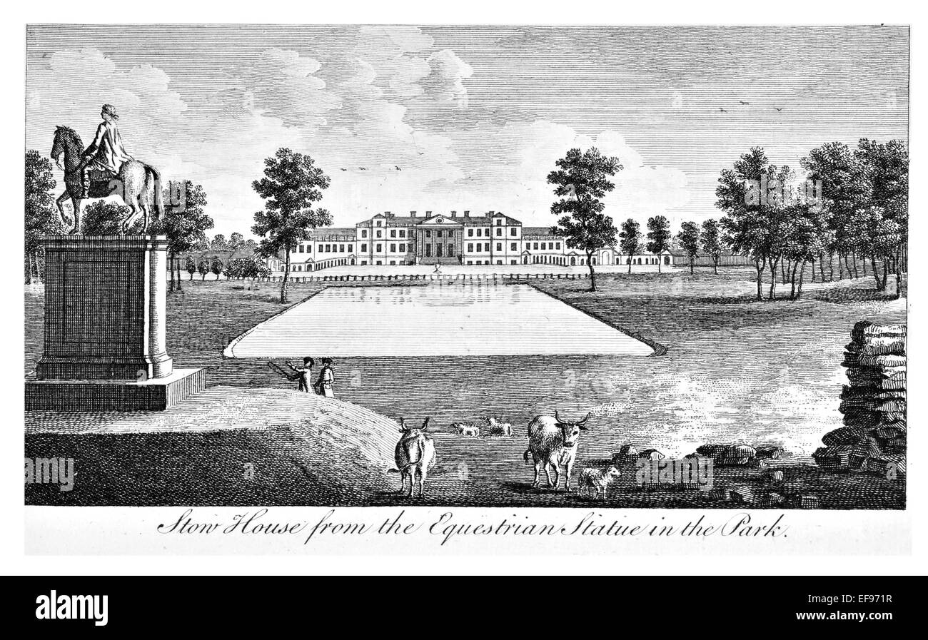 Gravure sur cuivre 1776 beautés du paysage Angleterre plus élégant de magnifiques édifices publics.Stow House statue équestre dans la région de park Banque D'Images