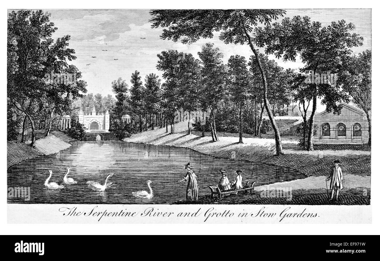 Gravure sur cuivre 1776 beautés du paysage Angleterre plus élégant de magnifiques édifices publics.La Grotte de la rivière Serpentine Jardin Stow Banque D'Images
