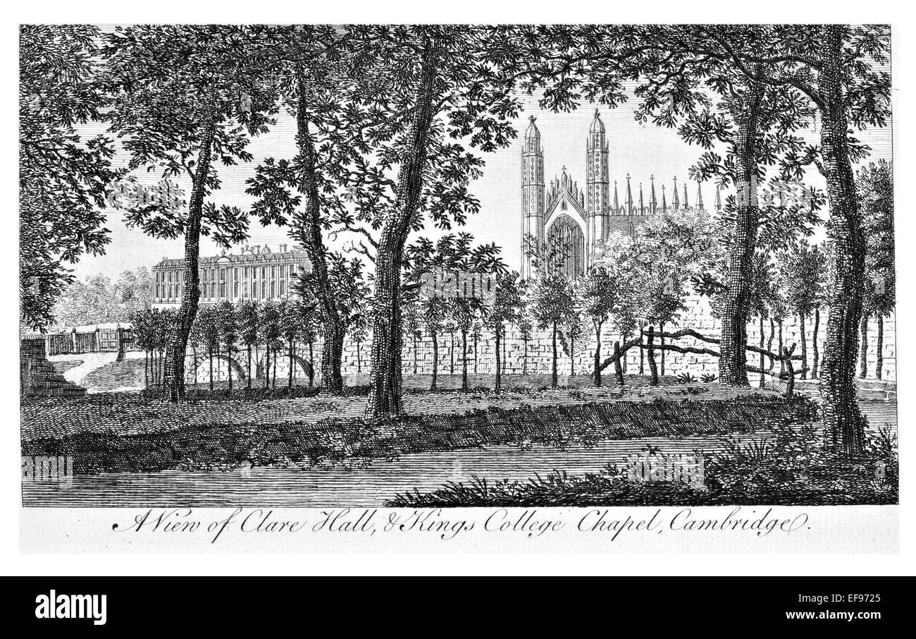 Gravure sur cuivre 1776 beautés du paysage Angleterre plus élégant de magnifiques édifices publics. Clare Hall kinge Chapelle Cambridge Banque D'Images