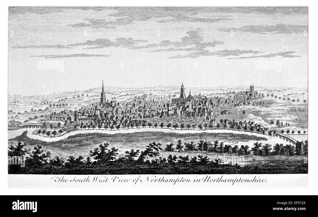 Gravure sur cuivre 1776 beautés du paysage Angleterre plus élégant de magnifiques édifices publics. Au sud-ouest de la rivière Nene Northampton Banque D'Images