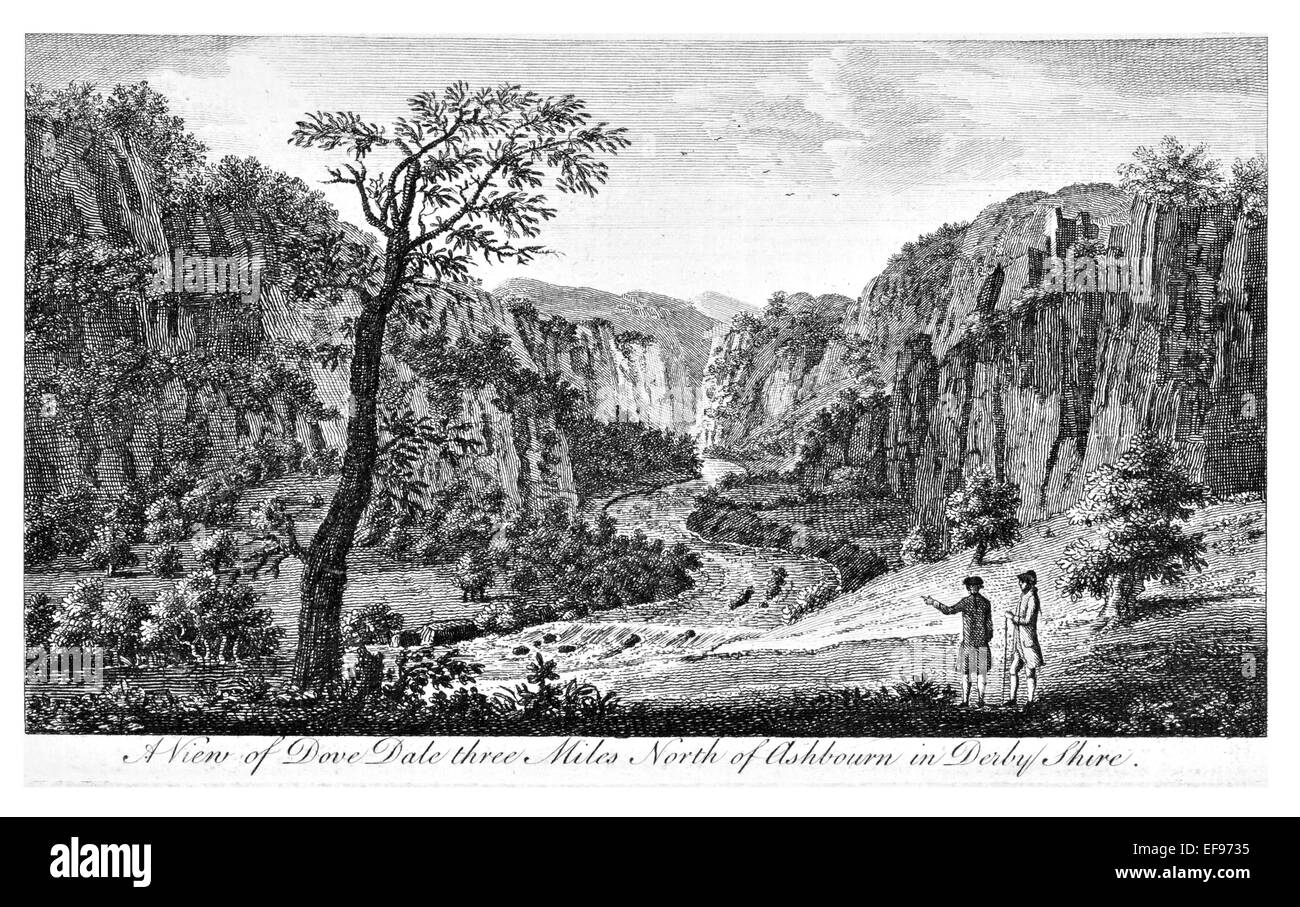 Gravure sur cuivre 1776 beautés du paysage Angleterre plus élégant de magnifiques édifices publics. Dove Dale au nord d'Ashbourne Derby Banque D'Images