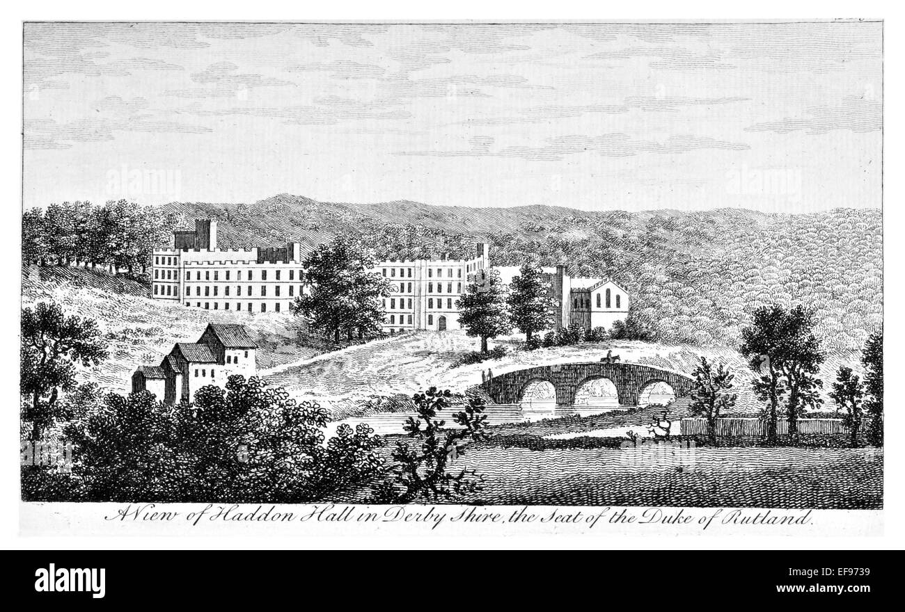 Gravure sur cuivre 1776 beautés du paysage plus élégant de magnifiques édifices publics Haddon Hall Derbyshire Rutland Duc siège Banque D'Images
