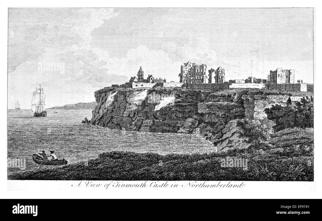 Gravure sur cuivre 1776 beautés du paysage plus élégants édifices publics Tinmouth magnifique Château Prieuré Northumberland Banque D'Images