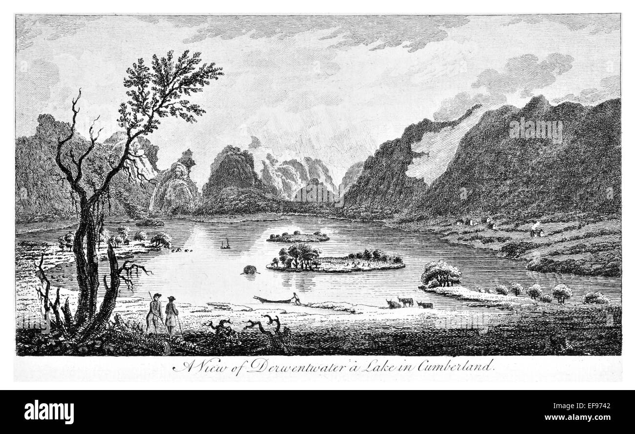 Gravure sur cuivre 1776 beautés du paysage Angleterre plus élégants édifices publics magnifique lac Derwentwater Cumberland Banque D'Images