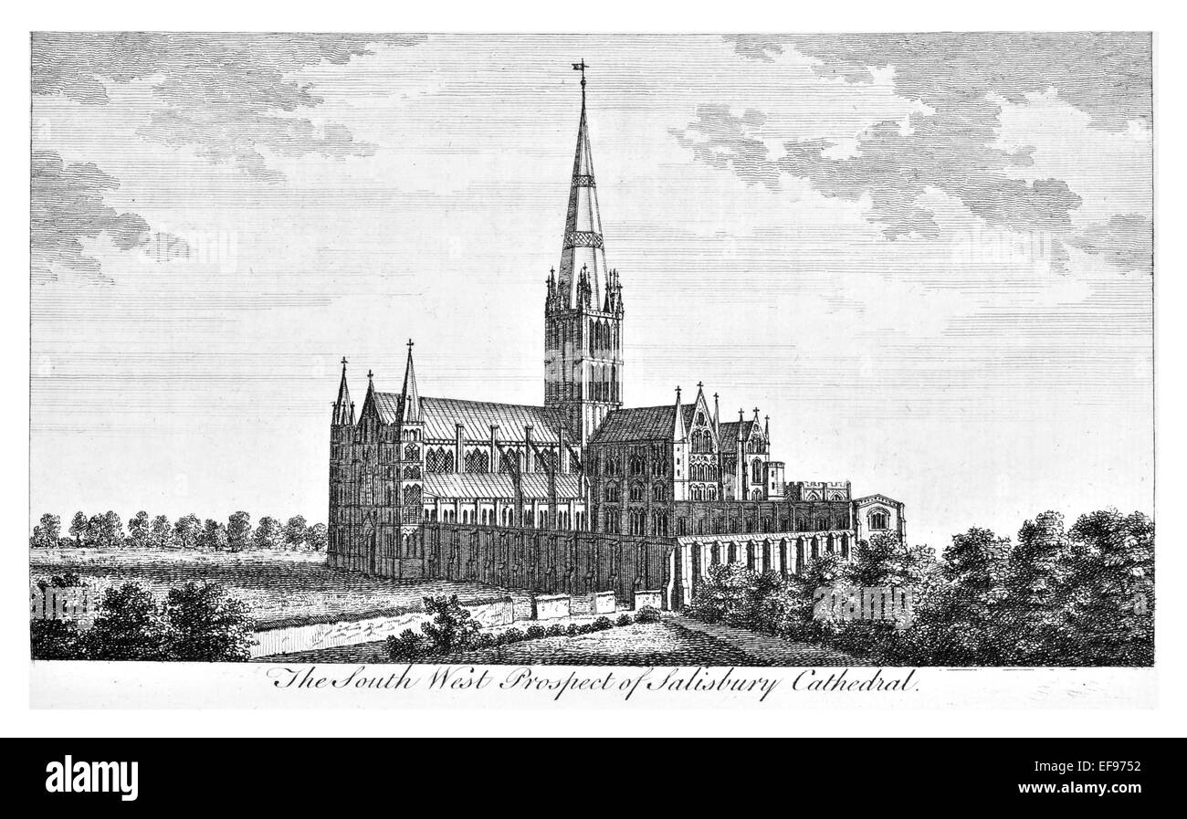 Gravure sur cuivre 1776 beautés du paysage Angleterre plus élégants édifices publics magnifique cathédrale de Salisbury au sud-ouest Banque D'Images