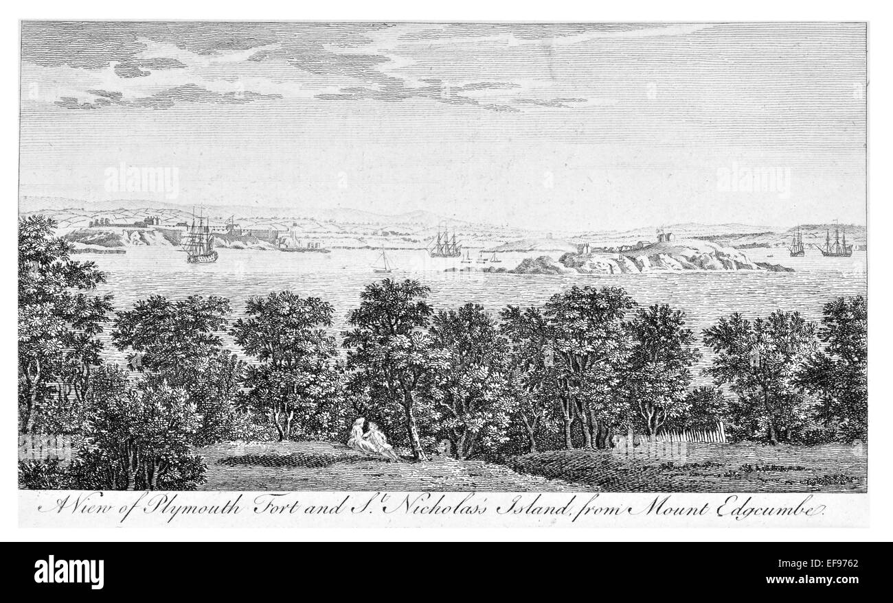 Gravure sur cuivre 1776 beautés du paysage Angleterre plus élégant de magnifiques édifices publics Plymouth Fort Saint Nicholas Island. Banque D'Images