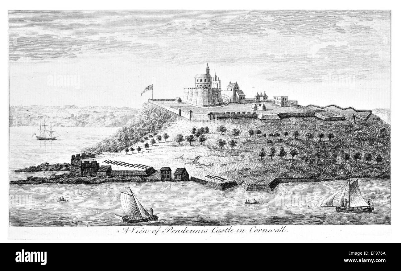 Gravure sur cuivre 1776 beautés du paysage Angleterre plus élégant de magnifiques édifices publics le château de Pendennis Cornwall Banque D'Images