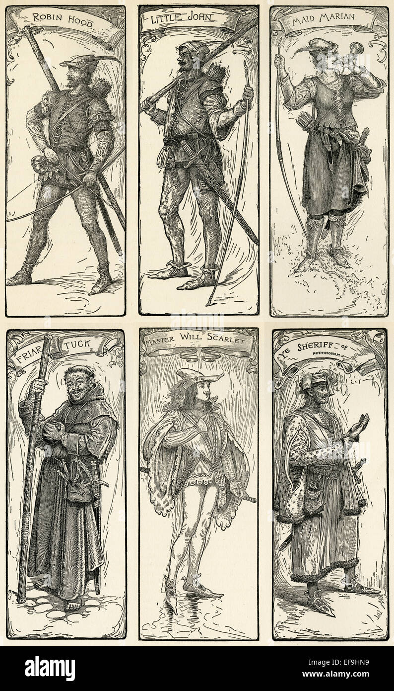 Robin des Bois, petit Jean, Marianne, frère Tuck, Master vous Scarlett, le shérif de Nottingham