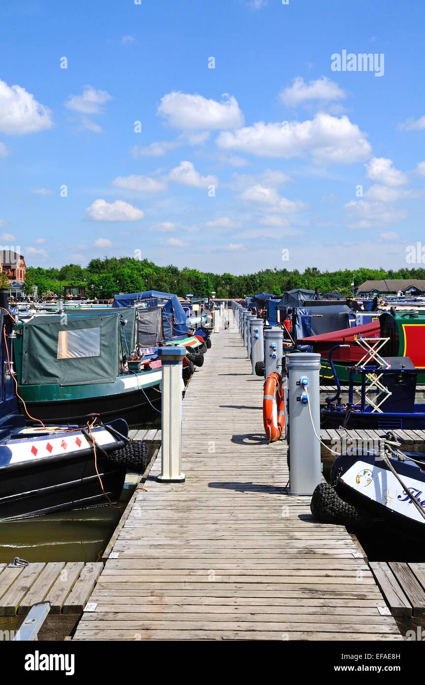 Narrowboats sur leurs amarres raccordés à l'électricité dans le bassin du canal, Barton Marina, Barton-under-Needwood, UK. Banque D'Images