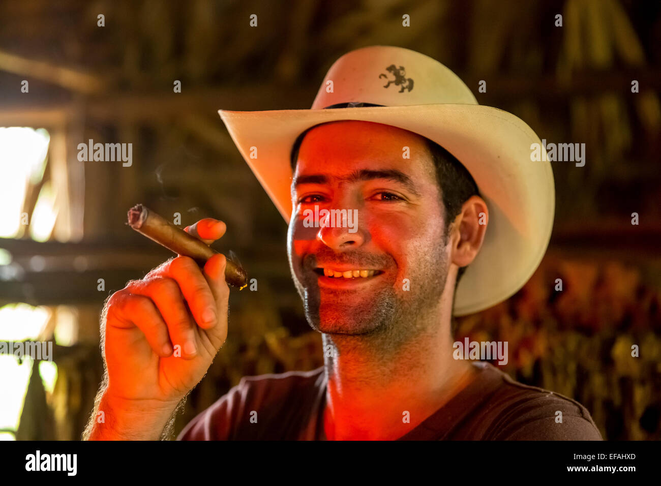 Producteur de tabac Luis Alvares Manne Rodrigues fumer un havane, ferme de tabac, Vallée de Vinales, Vinales Banque D'Images