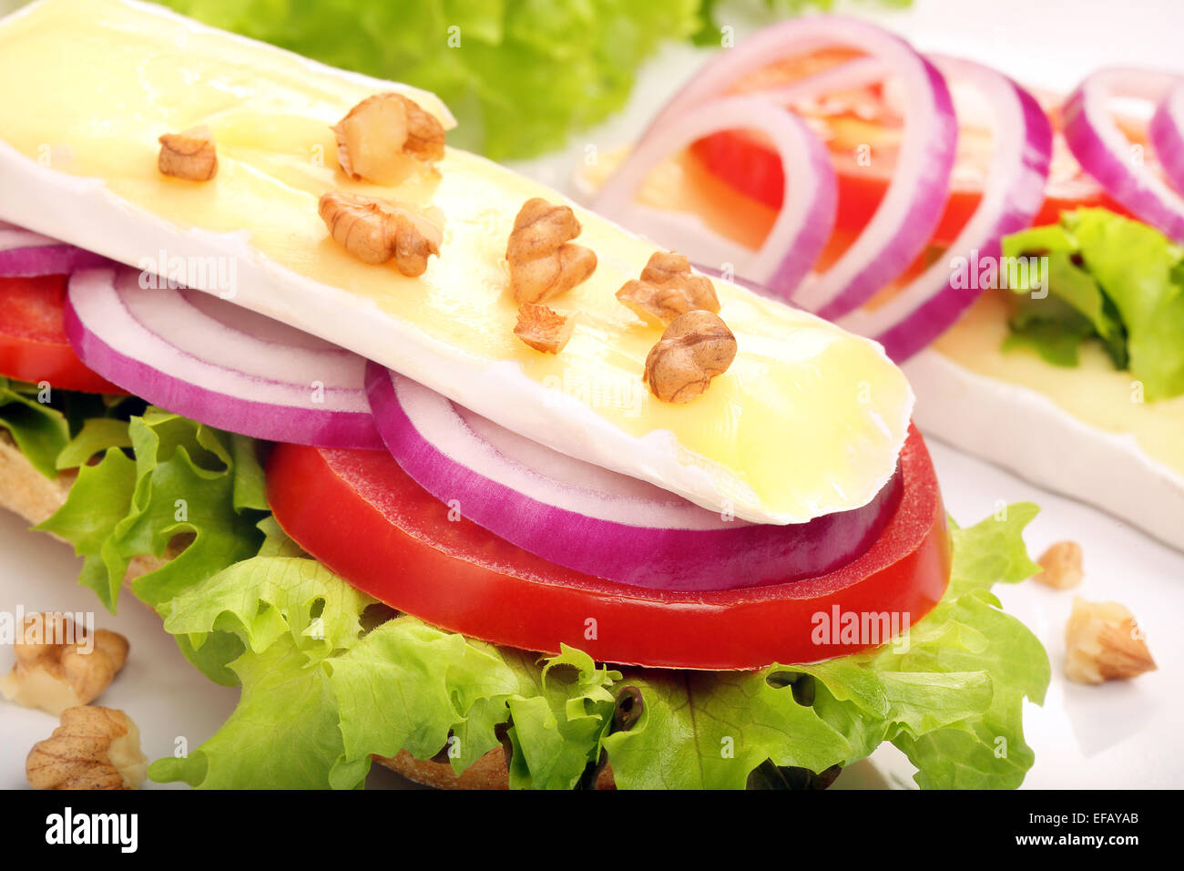 Avec crème Sandwich fromage brie, noix et les légumes on white plate Banque D'Images