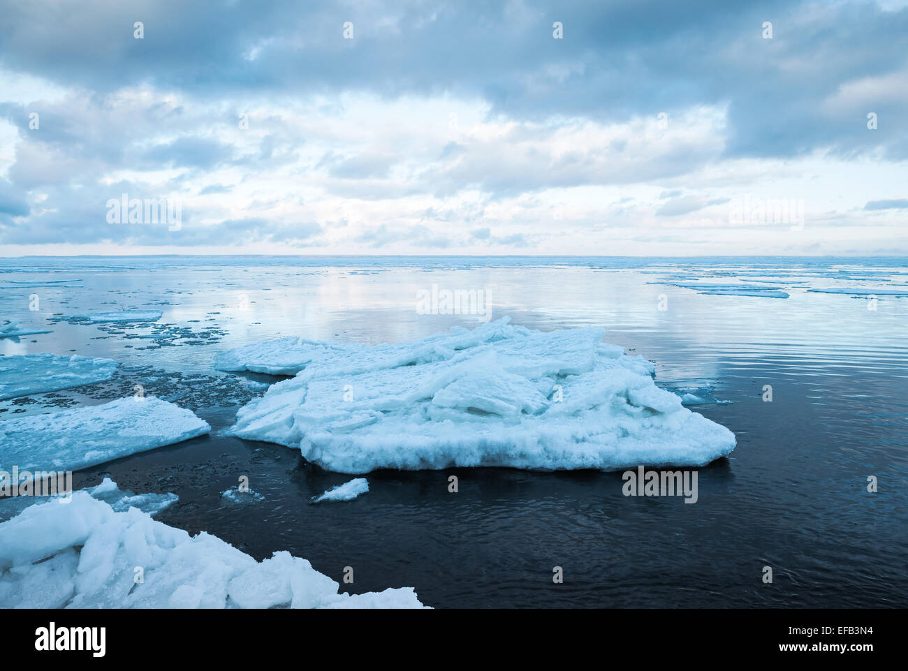 Paysage côtier d'hiver avec des fragments de glace flottante grand encore sur l'eau de mer. Golfe de Finlande, de Russie. Photo dans les tons bleus Banque D'Images
