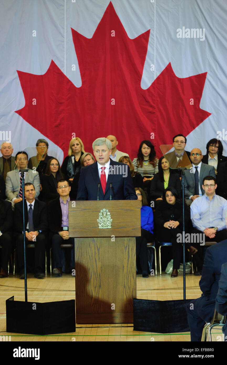 Richmond Hill, Canada. 30 janvier, 2015. Le premier ministre Stephen Harper s'adresse à un public. Le premier ministre canadien Stephen Harper a révélé sa nouvelle législation antiterroriste à la Richmond Hill (Ontario), centre communautaire. Credit : Victor Biro/Alamy Live News Banque D'Images