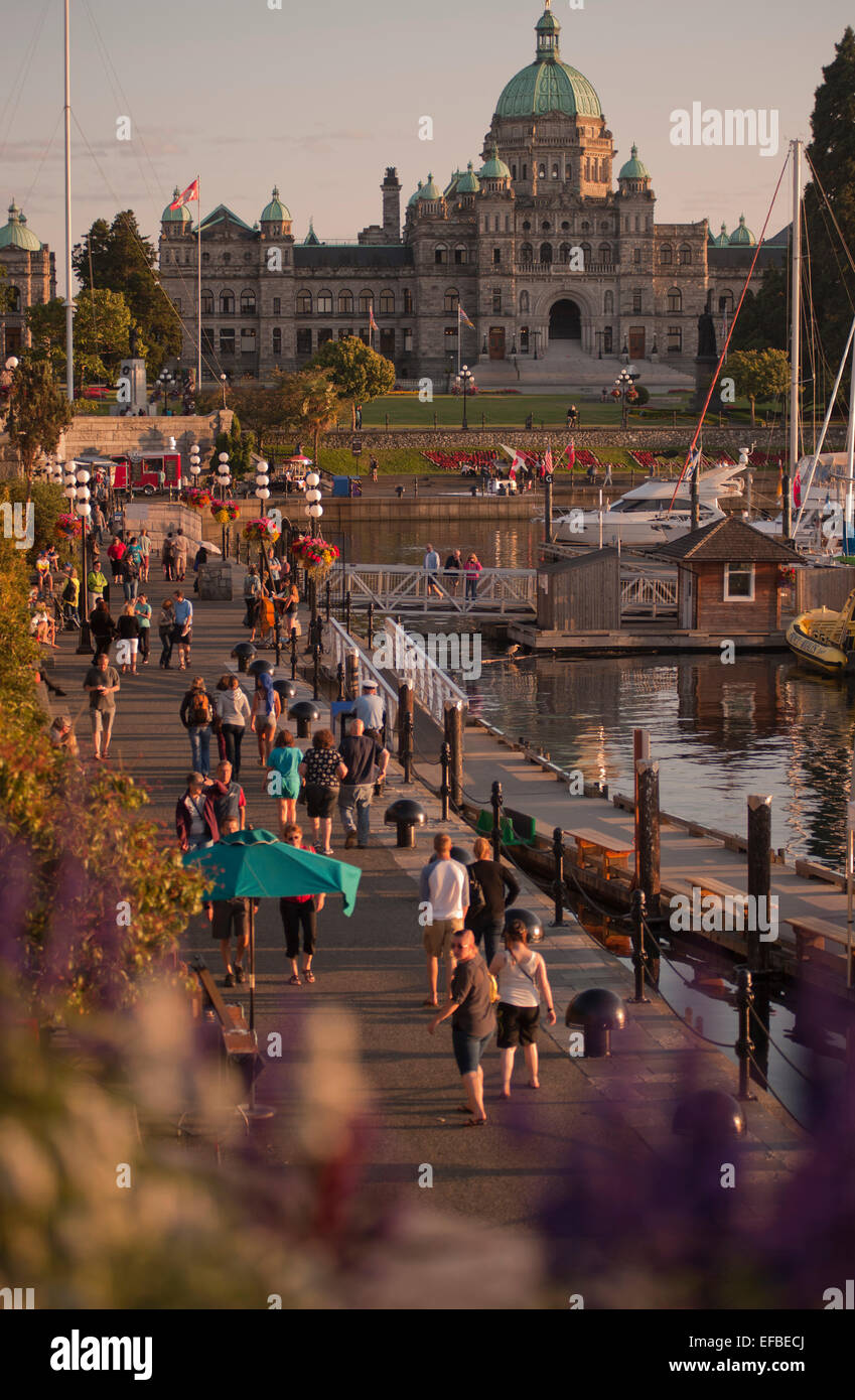 Soirée dans le port intérieur de Victoria, Colombie-Britannique, Canada. L'Assemblée législative de la Colombie-Britannique édifice est dans l'arrière-plan. Banque D'Images