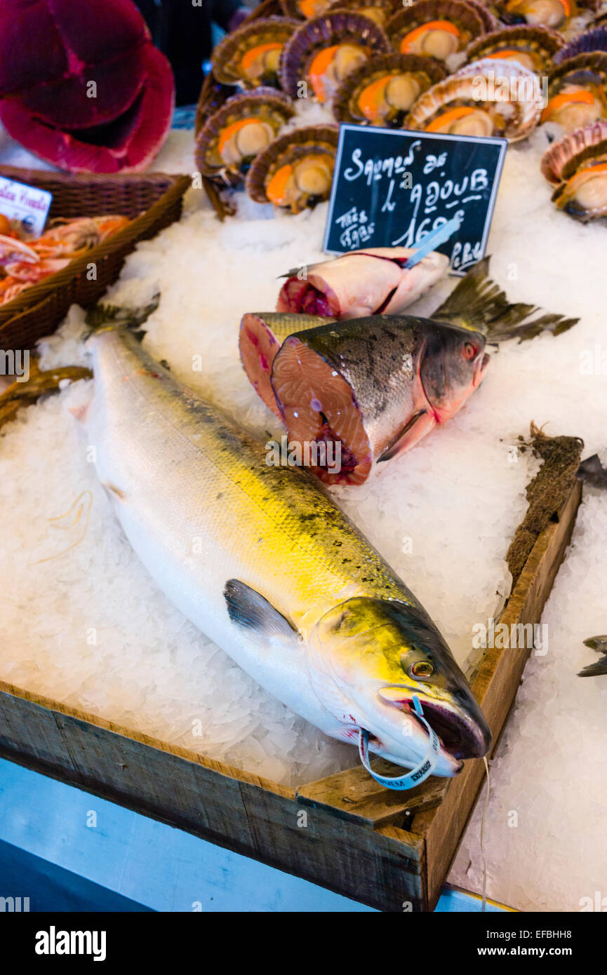 Le poisson frais sur la glace dans le marché français à Paris France Banque D'Images