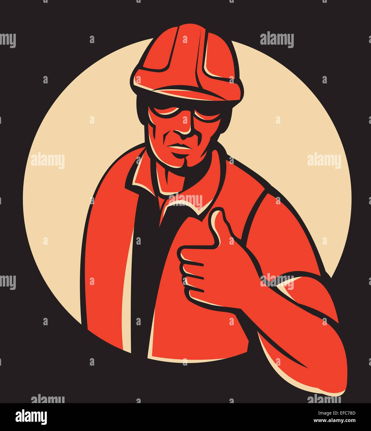 Illustration d'un travailleur de la construction ingénieur contremaître holding Thumbs up vu de l'avant ensemble à l'intérieur du cercle fait dans le style rétro sur fond noir. Banque D'Images