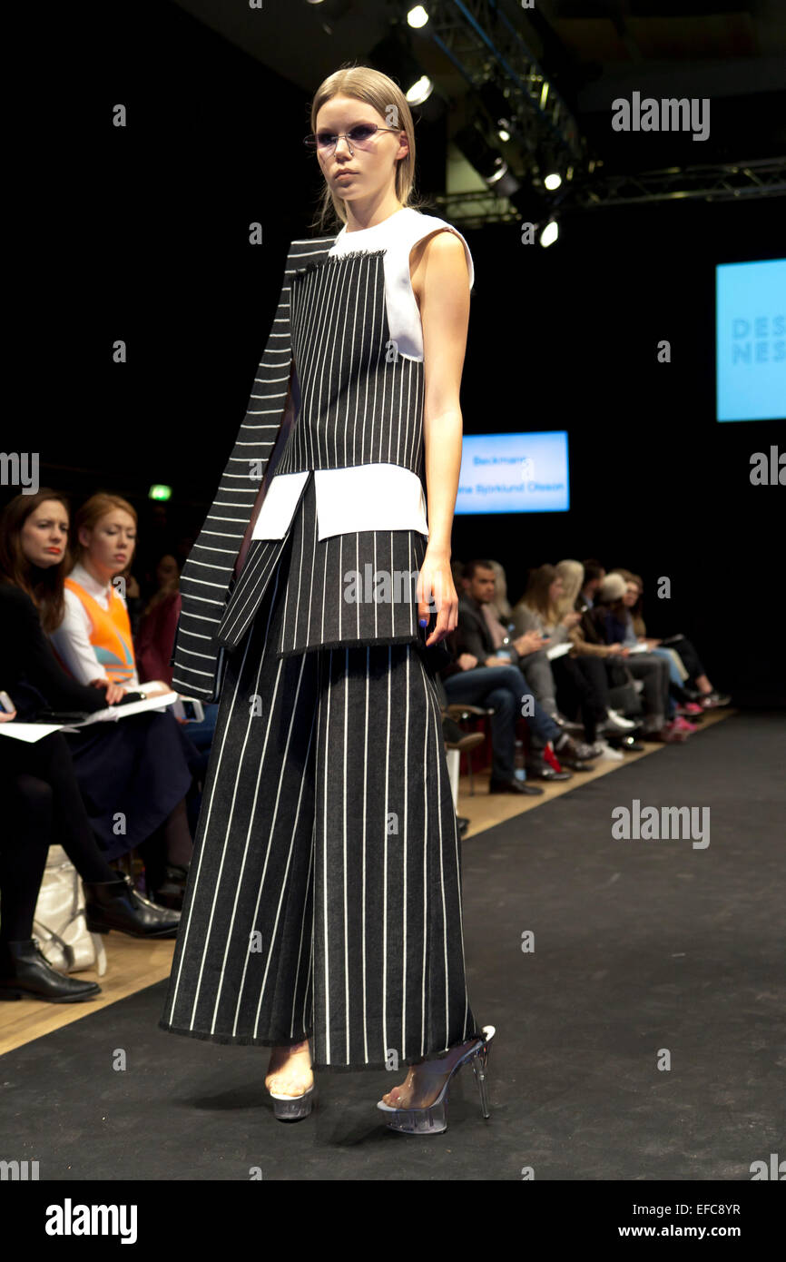 Copenhague, Danemark. 30Th Jan, 2015. Au Nid des designers award show à Copenhague design scandinave les élèves de écoles de mode présente leur meilleurs créations sur la piste. Ici c'est un dessin par Hanne Björklund Olsson, Beckmans, Sweden Crédit : OJPHOTOS/Alamy Live News Banque D'Images