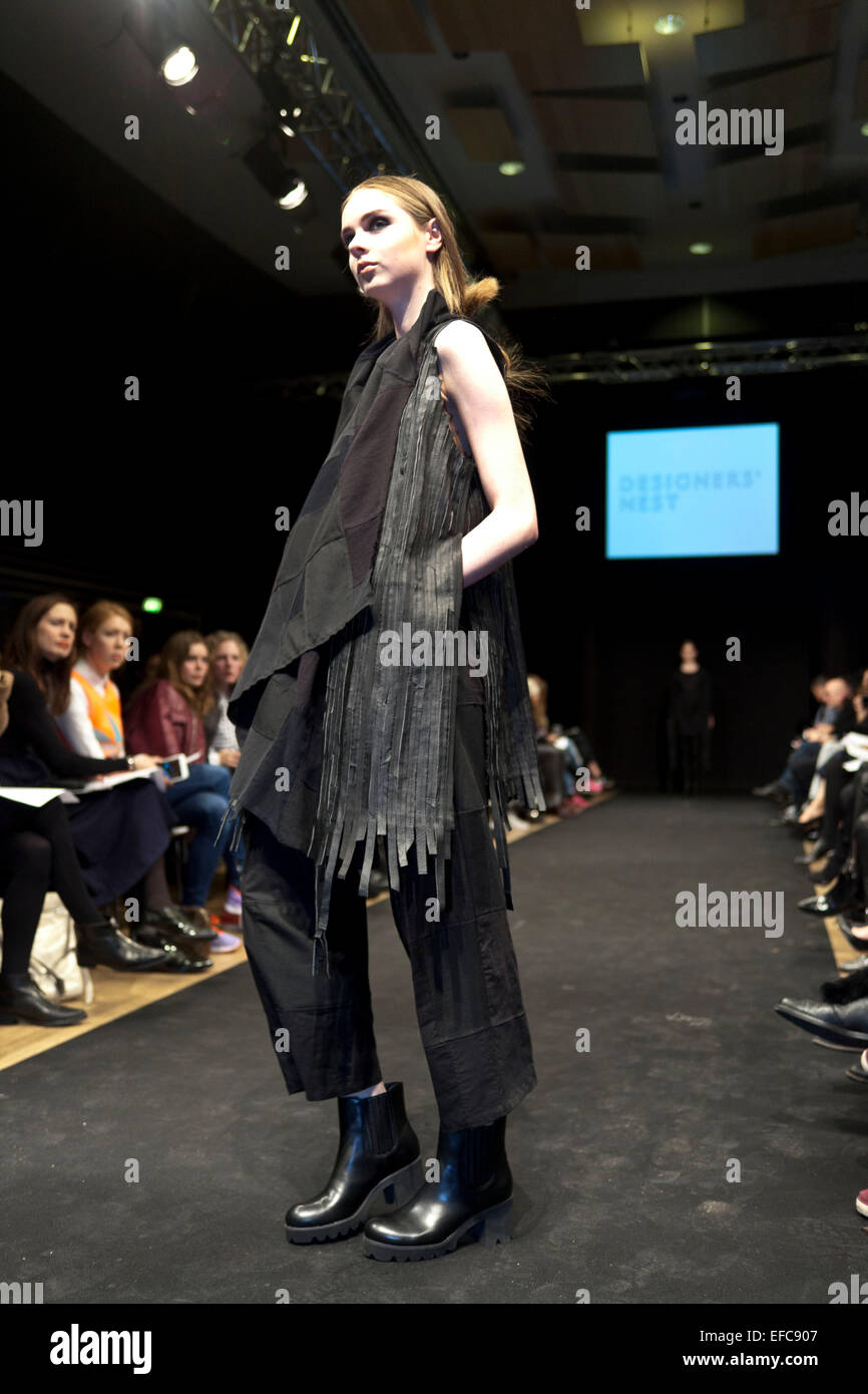 Copenhague, Danemark. 30Th Jan, 2015. Au Nid des designers award show à Copenhague design scandinave les élèves de écoles de mode présente leur meilleurs créations sur la piste. Ici c'est un dessin par Smith Serrures Tibbe, Kea, le Danemark Crédit : OJPHOTOS/Alamy Live News Banque D'Images