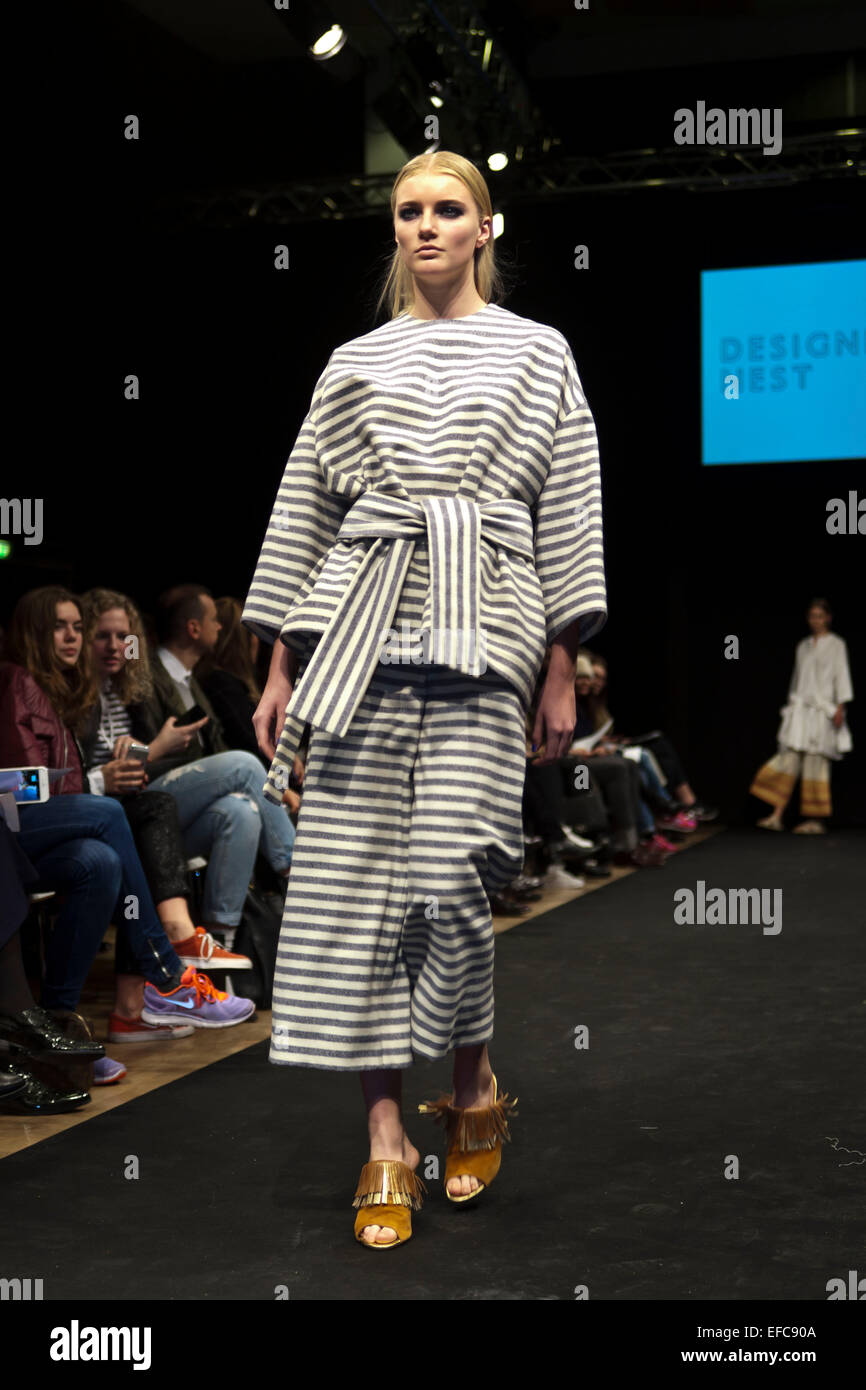 Copenhague, Danemark. 30Th Jan, 2015. Au Nid des designers award show à Copenhague design scandinave les élèves de écoles de mode présente leur meilleurs créations sur la piste. Ici c'est un dessin par Camilla Reinfjell, Oslo, Norvège l'Académie Nationale de Crédit : OJPHOTOS/Alamy Live News Banque D'Images