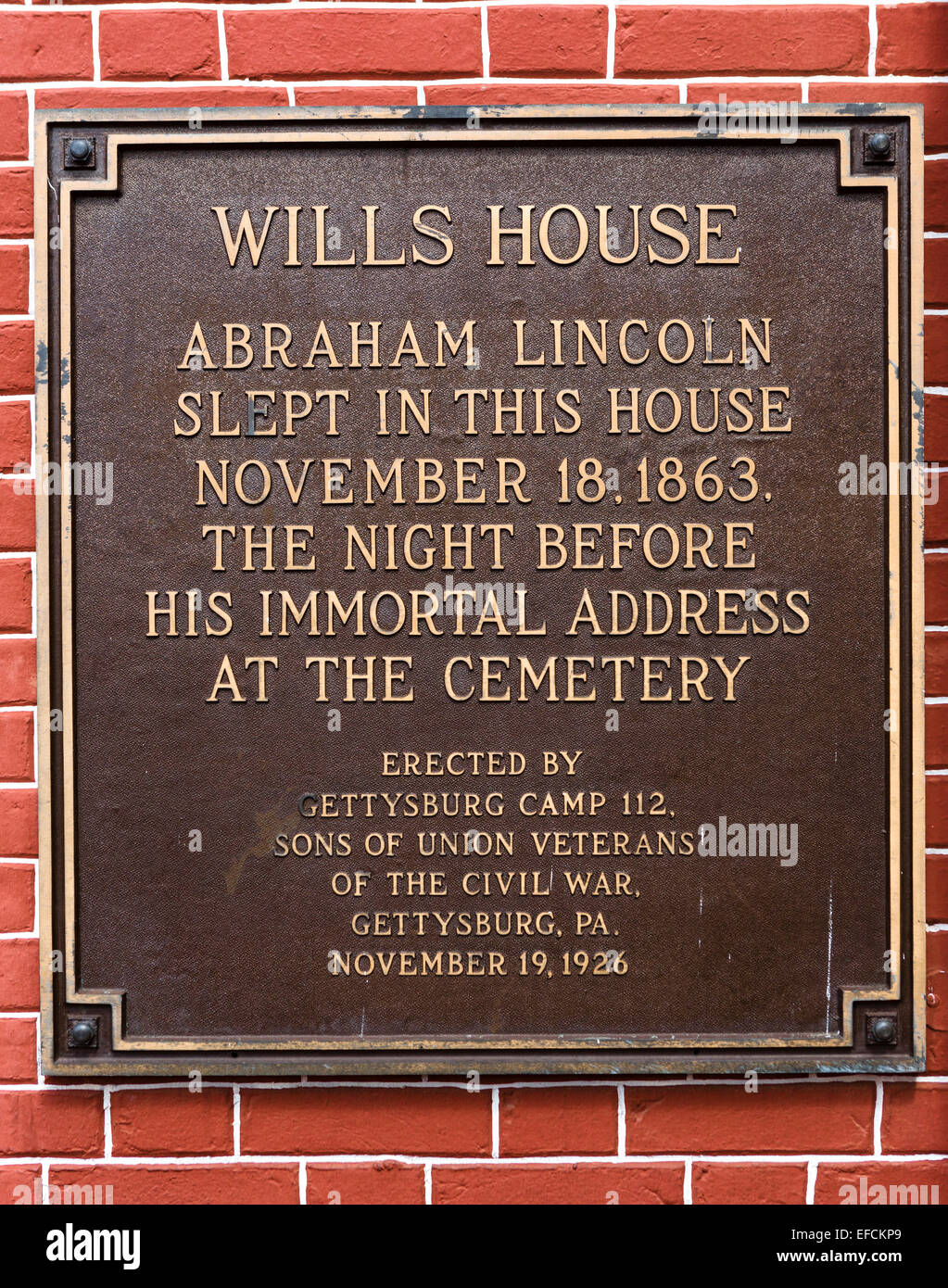 En dehors de la plaque Wills House où le président Lincoln séjourné avant son discours à Gettysburg, Lincoln Square, Gettysburg, PA, USA Banque D'Images