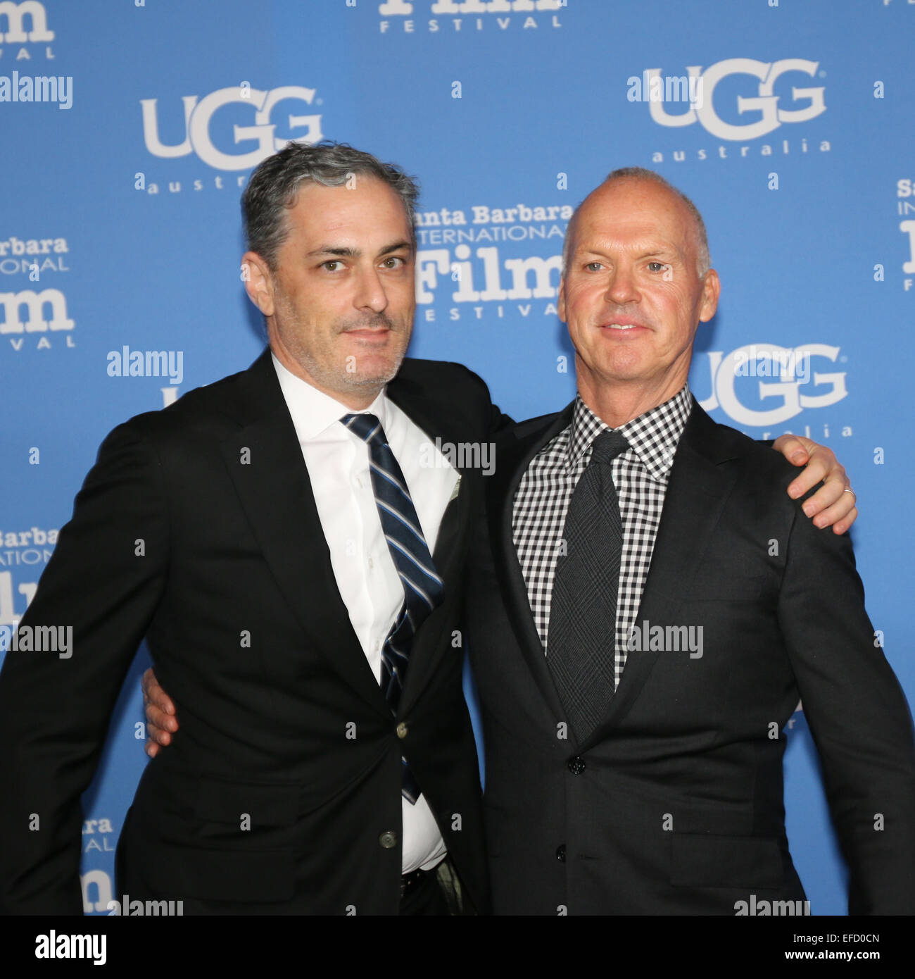 Santa Barbara, Californie, USA - 31 janvier, 2015 John Lesher Birdman (producteur) et Michael Keaton marche le tapis rouge au Santa Barbara International Film Festival. Banque D'Images
