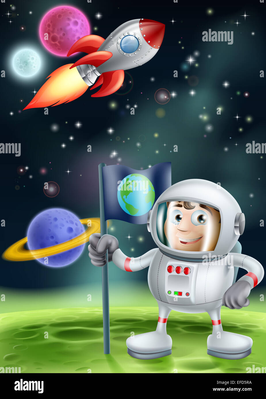 Cartoon illustration d'un astronaute planter un drapeau sur un monde étranger planète avec une fusée spatiale voler dans l'arrière-plan Banque D'Images