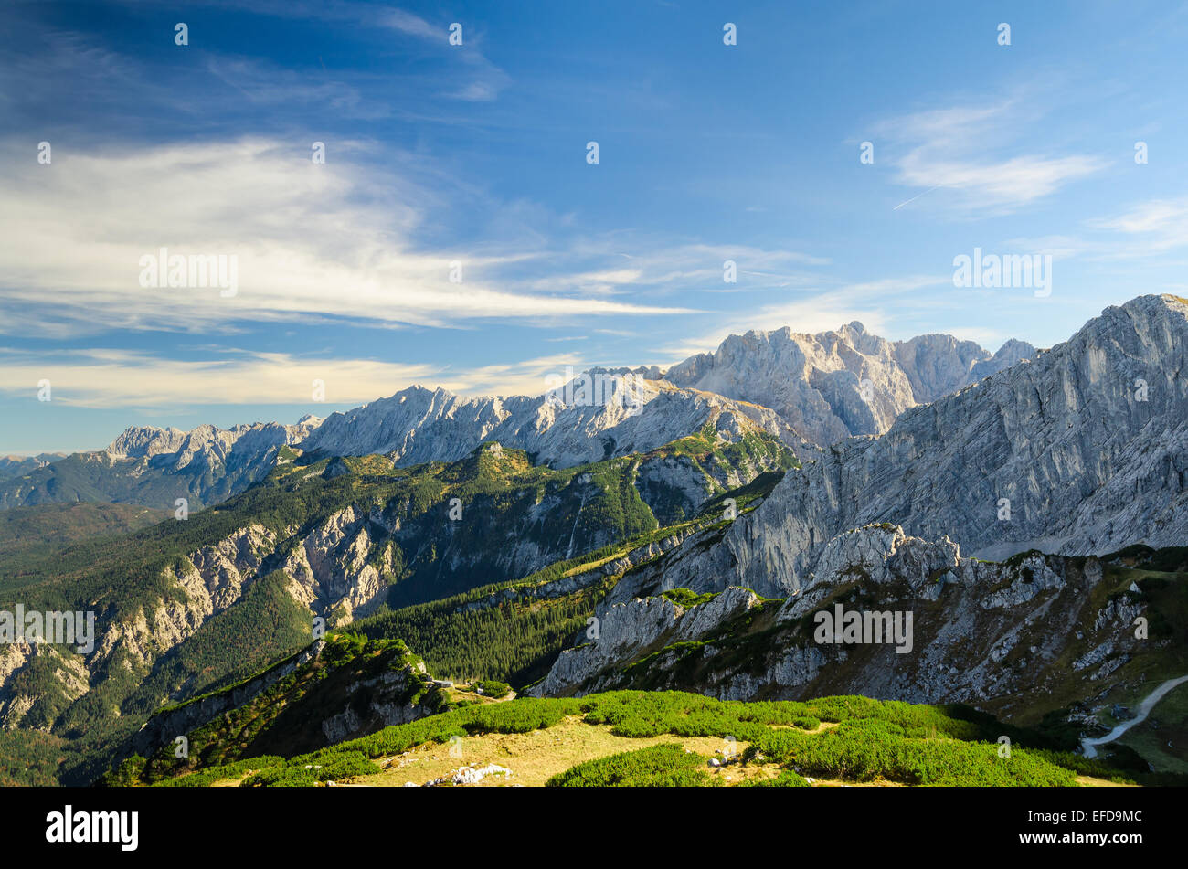 Vue paysage aérien de l'été soleil Alpes de haute-montagne avec la vallée verte et ciel bleu profond Banque D'Images