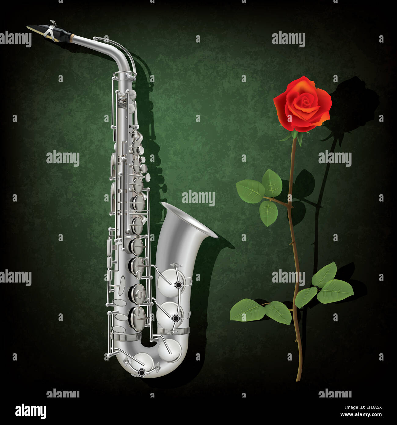 Abstract grunge fond vert avec saxophone et rose Banque D'Images
