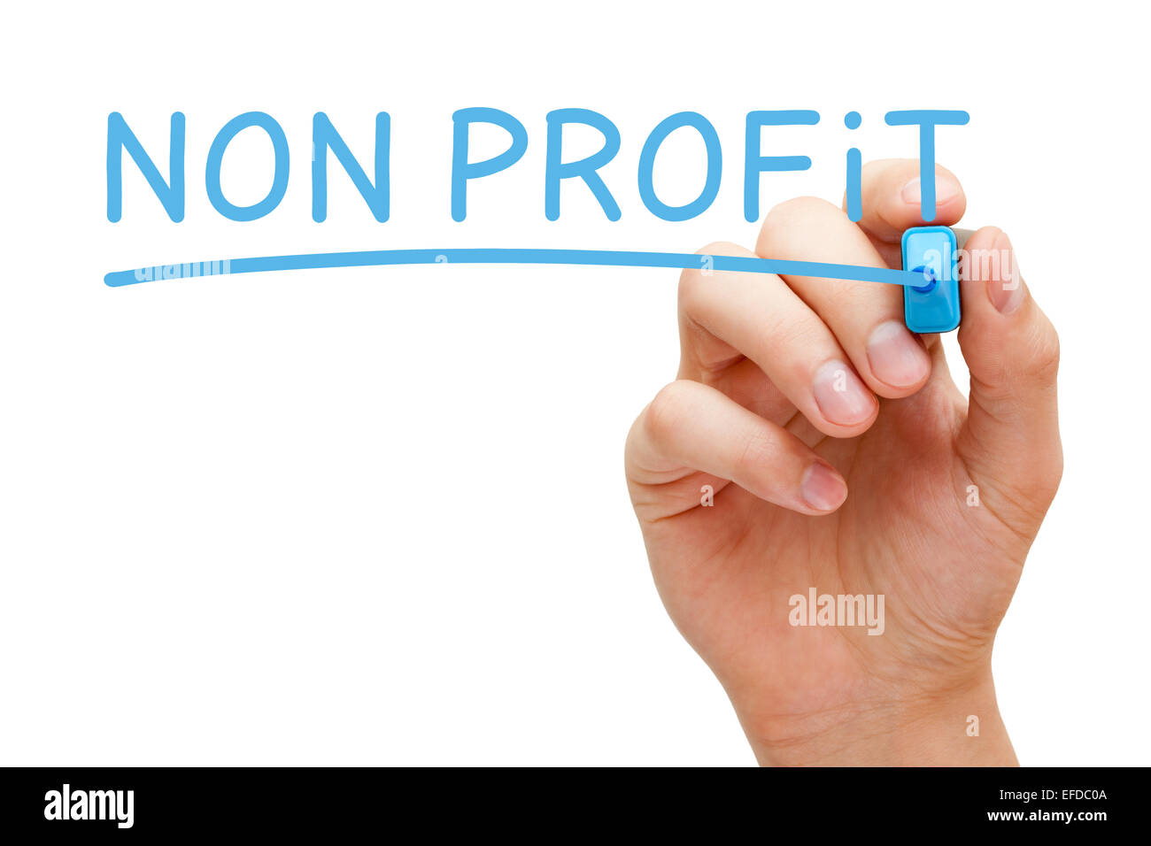 La main Non Profit avec marqueur bleu sur transparent conseil essuyer isolé sur blanc. Banque D'Images