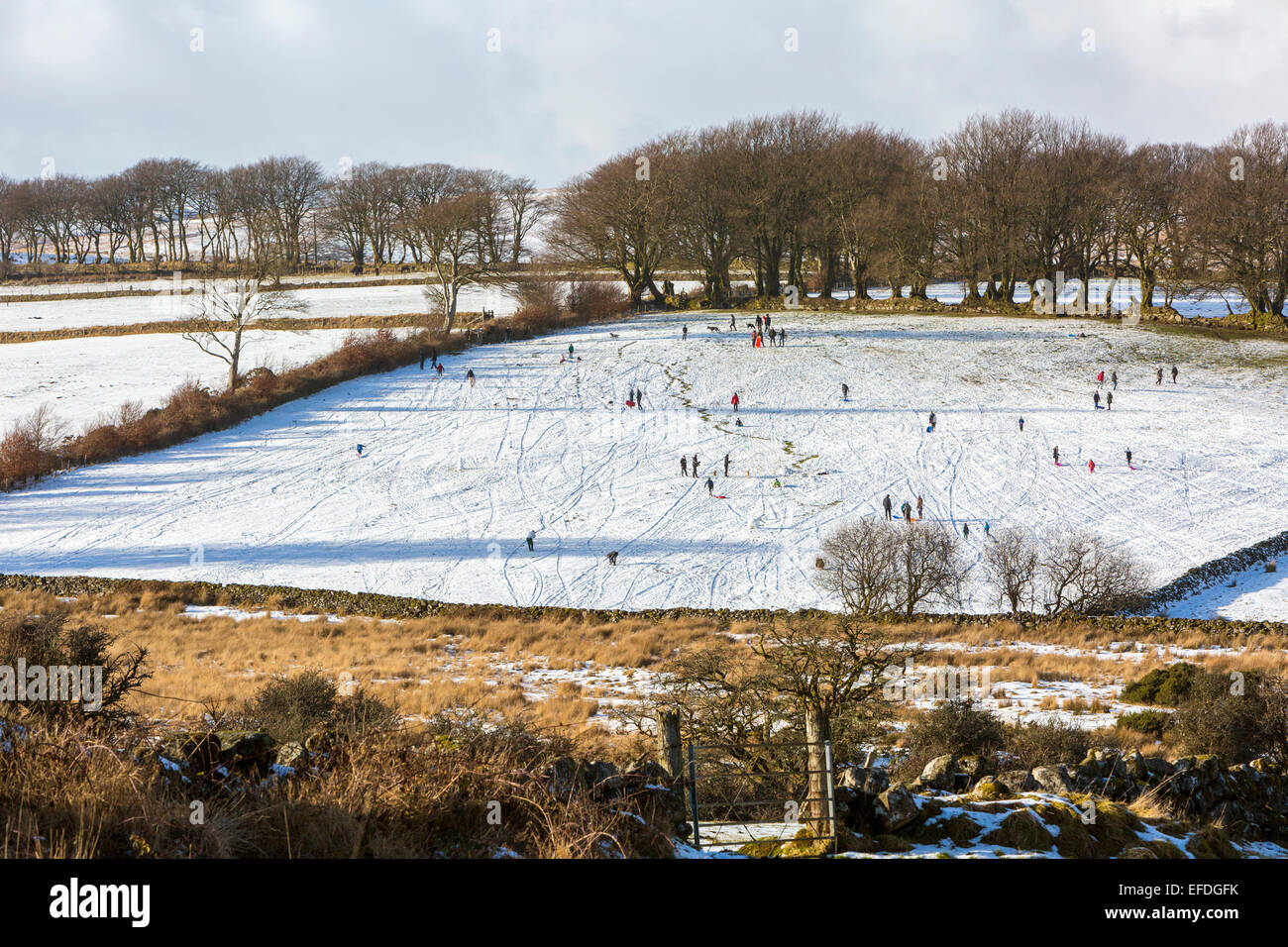 Dartmoor National Park, Devon, UK. 06Th Feb 2015. Météo France : le ski et la luge Les familles en bas de la colline après les chutes de neige rares dans la région de Dartmoor National Park près de Postbridge, Devon, Angleterre, Royaume-Uni, Europe. Crédit : Sébastien Wasek/Alamy Live News Banque D'Images