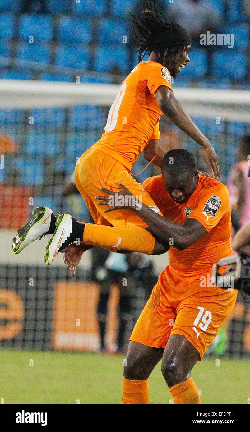 Malabo, Guinée équatoriale. 1er février, 2015. Les joueurs de la Côte d'Ivoire célèbrent après un match match quart de coupe d'Afrique des nations contre l'Algérie à Malabo, en Guinée équatoriale, le 1 février 2015. Côte d'Ivoire a gagné 3-1. Crédit : Li Jing/Xinhua/Alamy Live News Banque D'Images
