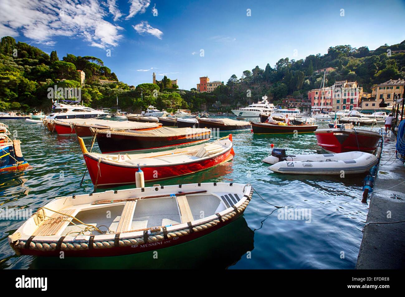 Les petits bateaux ancrés dans le port de Portofino, Italie, Ligurria Banque D'Images