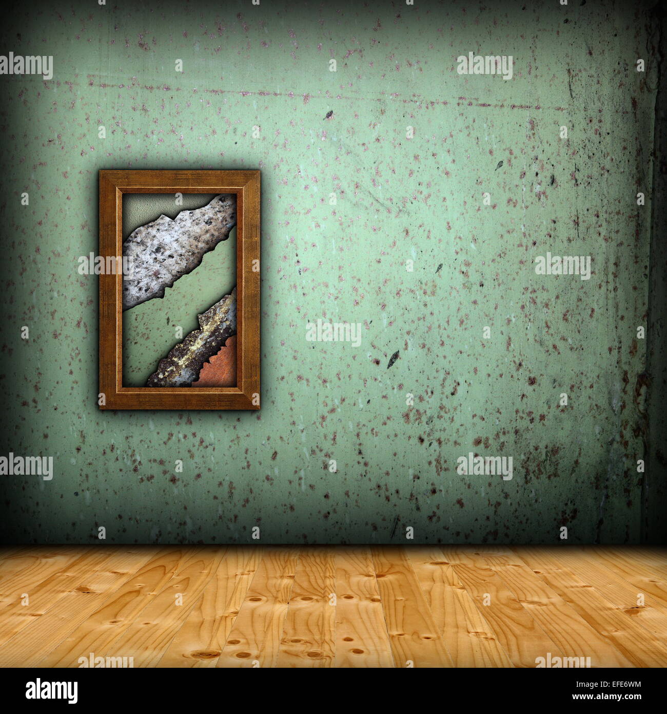 Décor minimaliste avec des murs verts et cadre en bois Banque D'Images