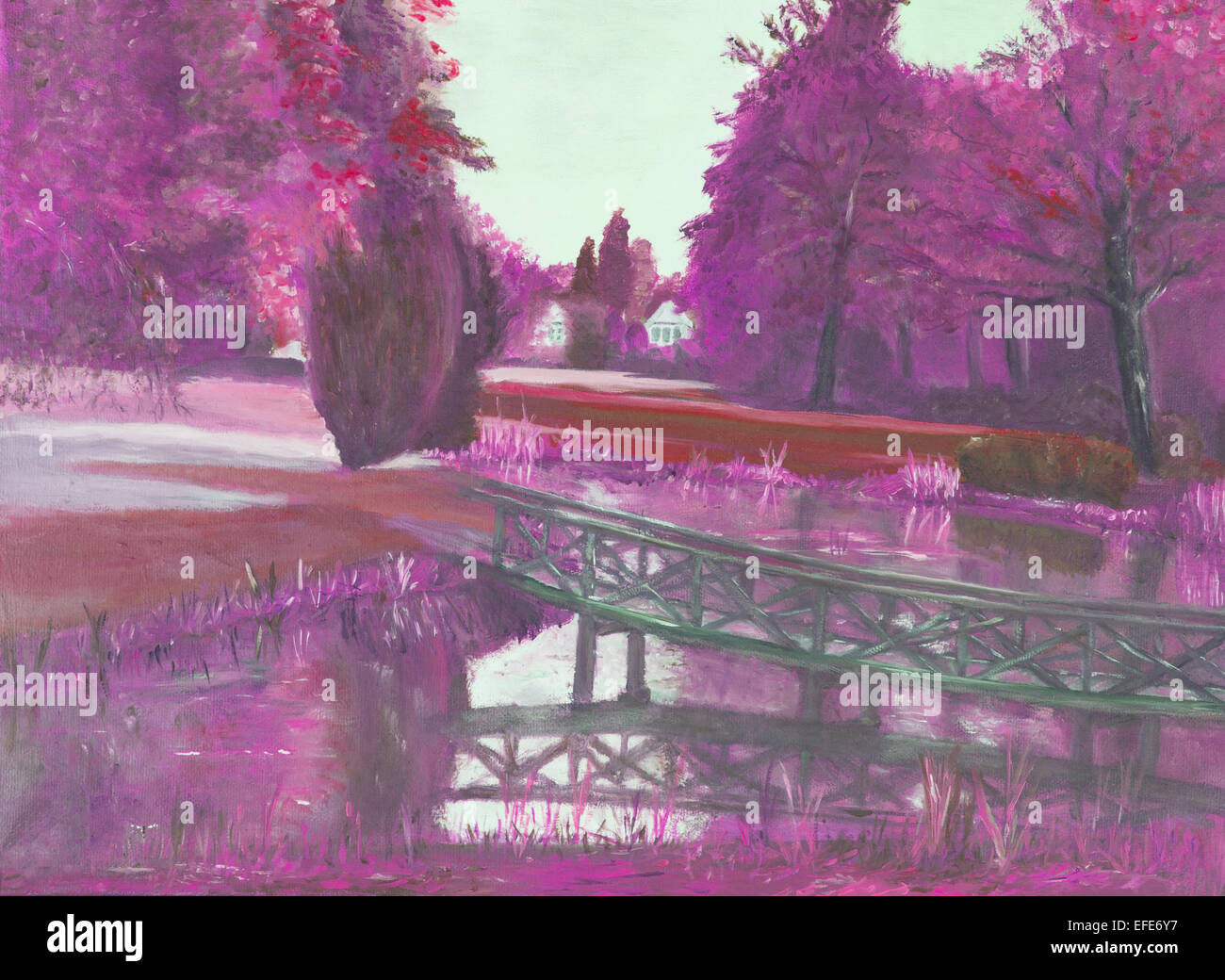 Peinture à l'huile - forêt d'automne avec un étang et pont sur l'étang, rose Banque D'Images