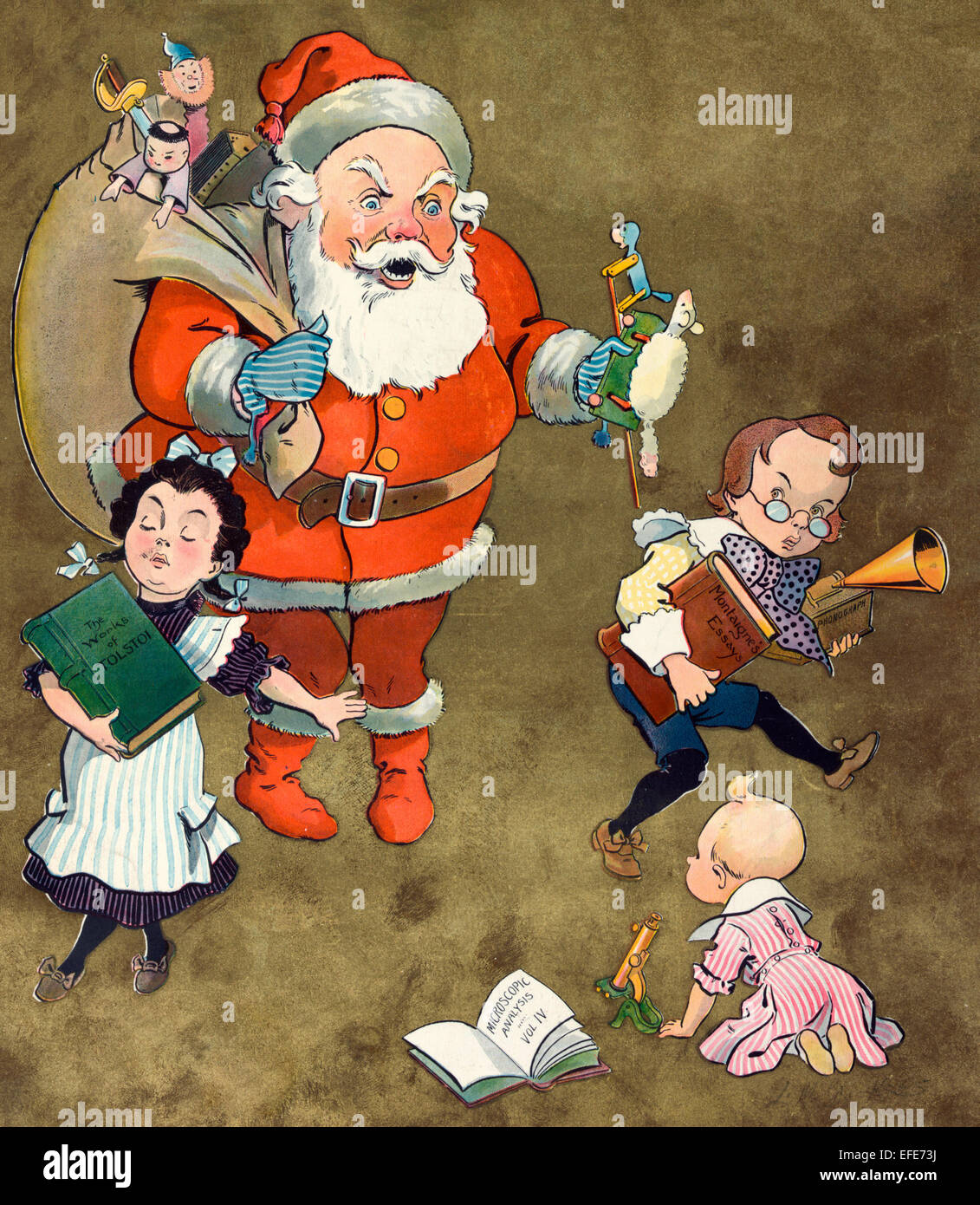 Noël 1901 - L'illustration montre le Père Noël avec un sac rempli de jouets et deux enfants et un nourrisson ; ils ont choisi des livres 'Les oeuvres de Tolstoi', 'Montaigne', d'essais et d'analyse, vol. icroscopic "IV" plutôt que les jouets comme leurs présents. Le garçon a également sélectionné un phonographe' et 'l'enfant a un microscope Banque D'Images