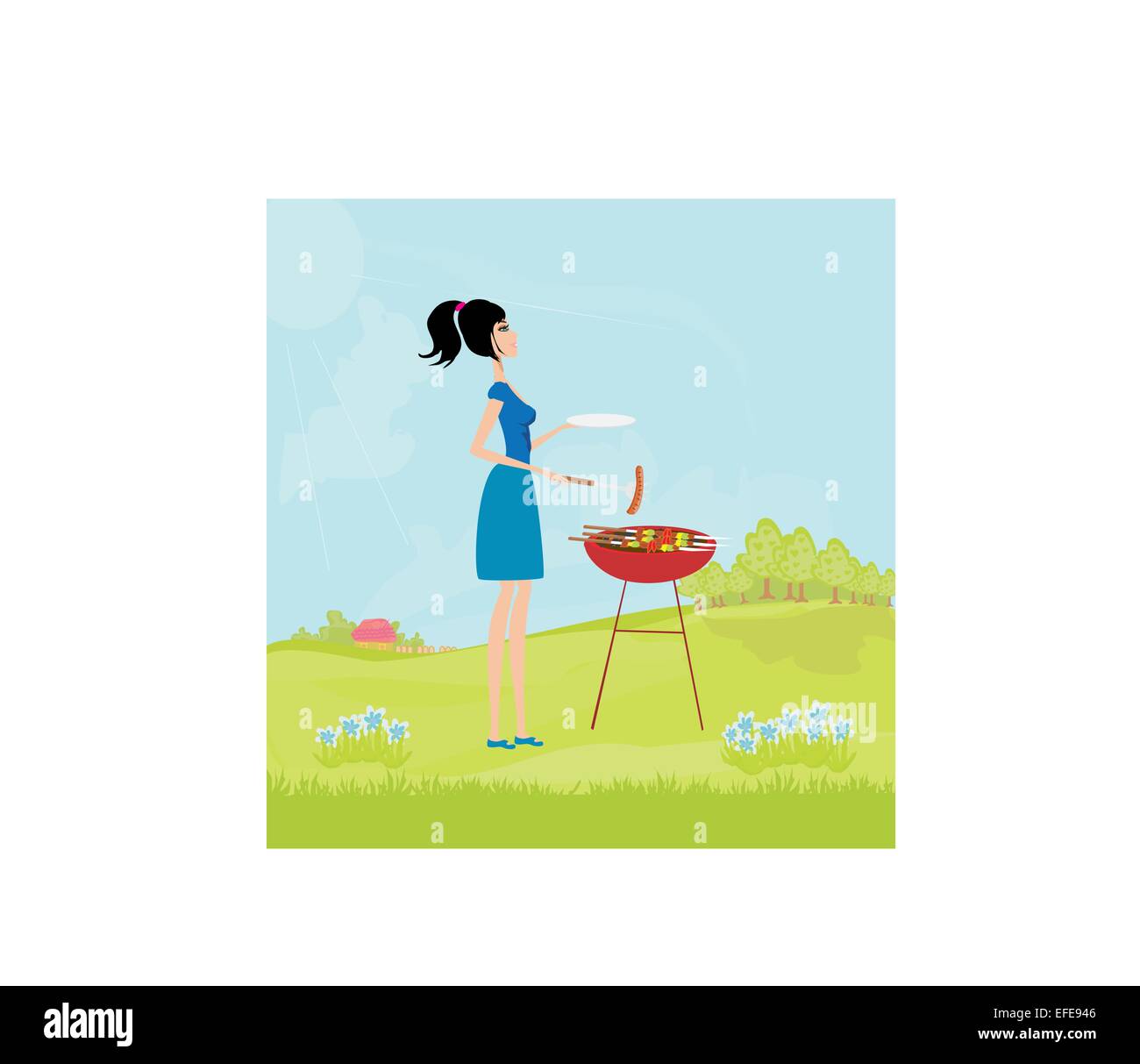 Woman cooking sur une grille dans le parc Illustration de Vecteur