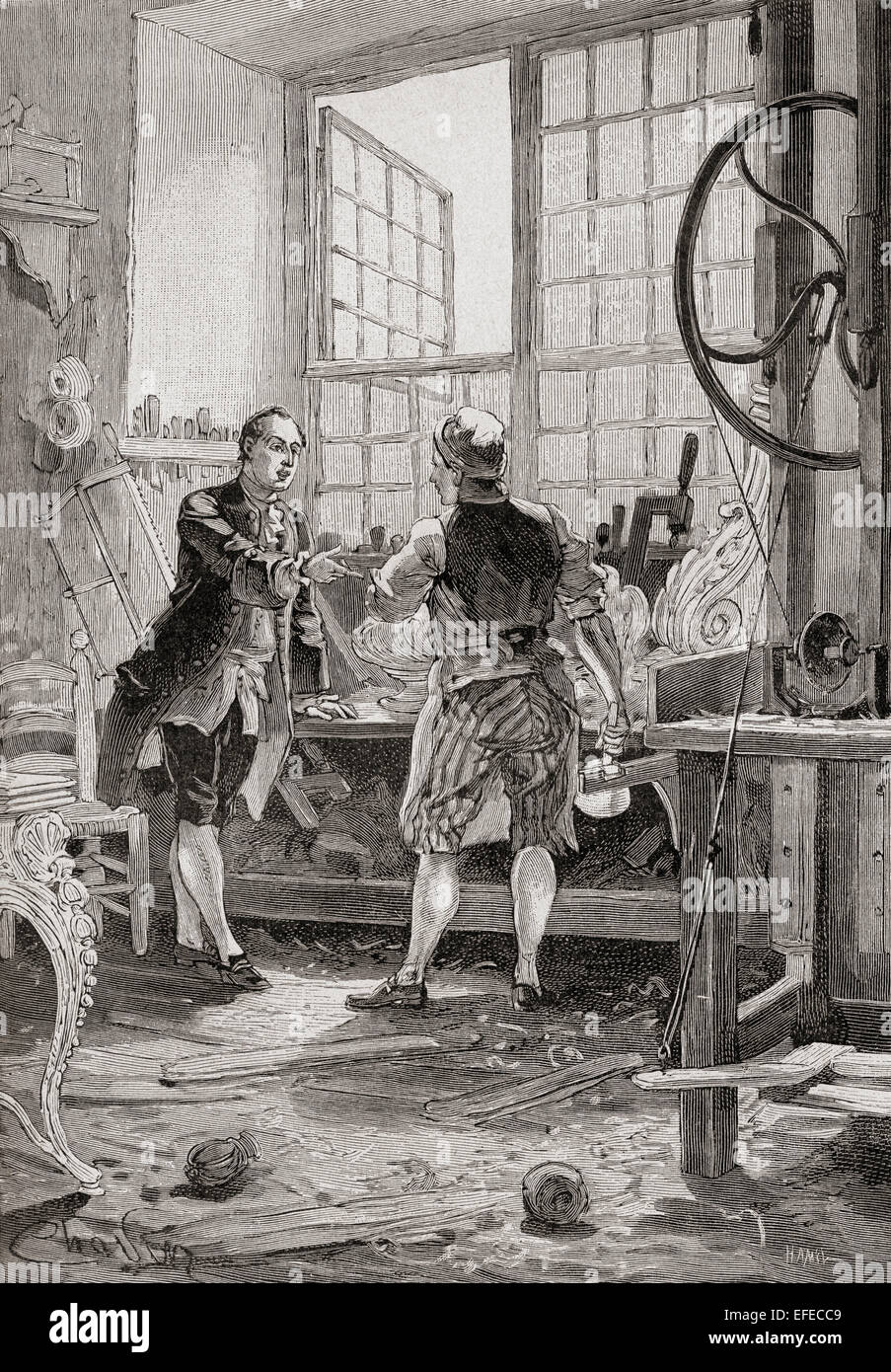 Un menuisier et son client dans un bâtiment du 18ème siècle français atelier de menuiserie. Banque D'Images