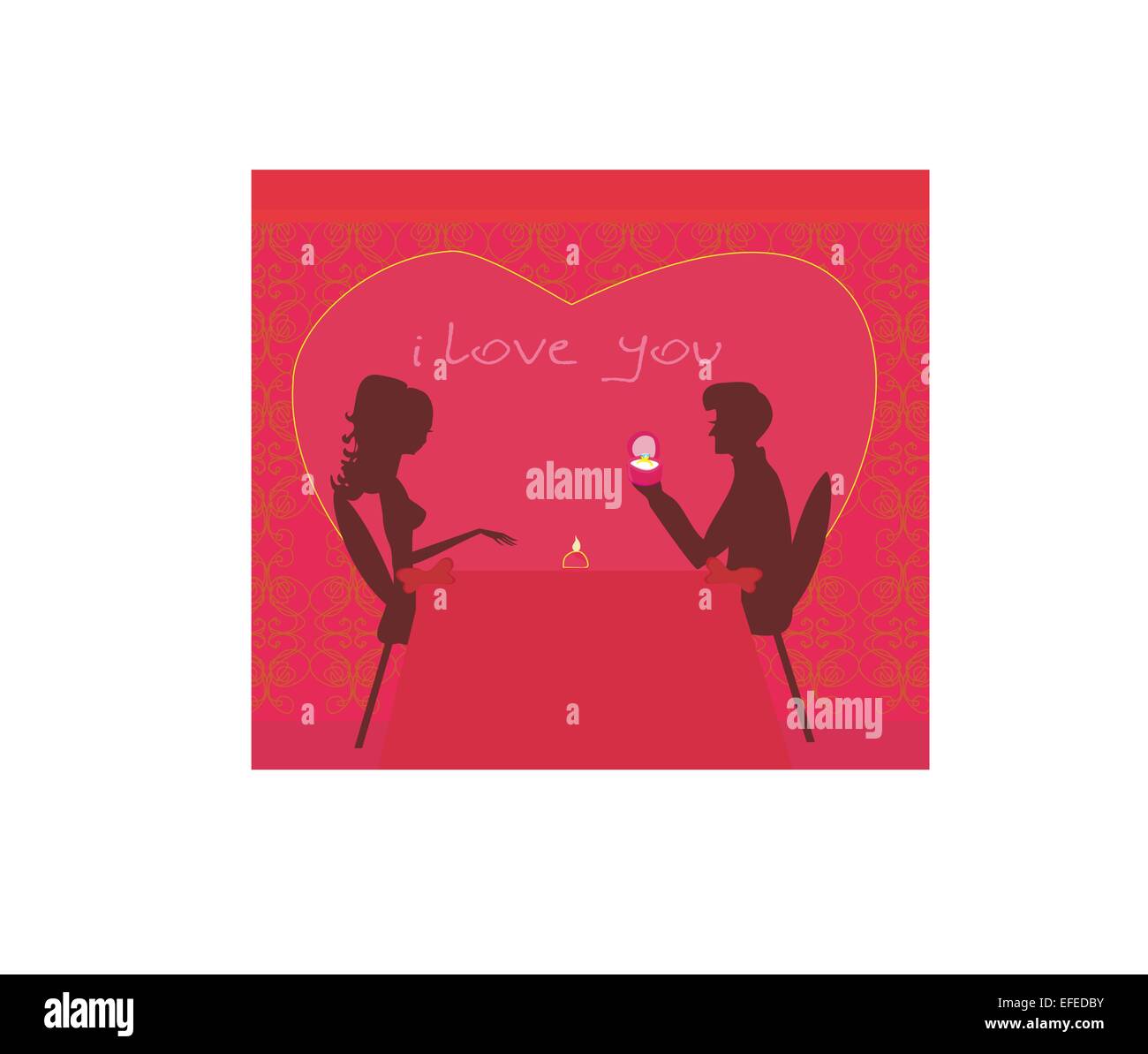 Silhouette homme romantique proposant avec une bague de fiançailles de son amour dans un restaurant - vector Illustration de Vecteur