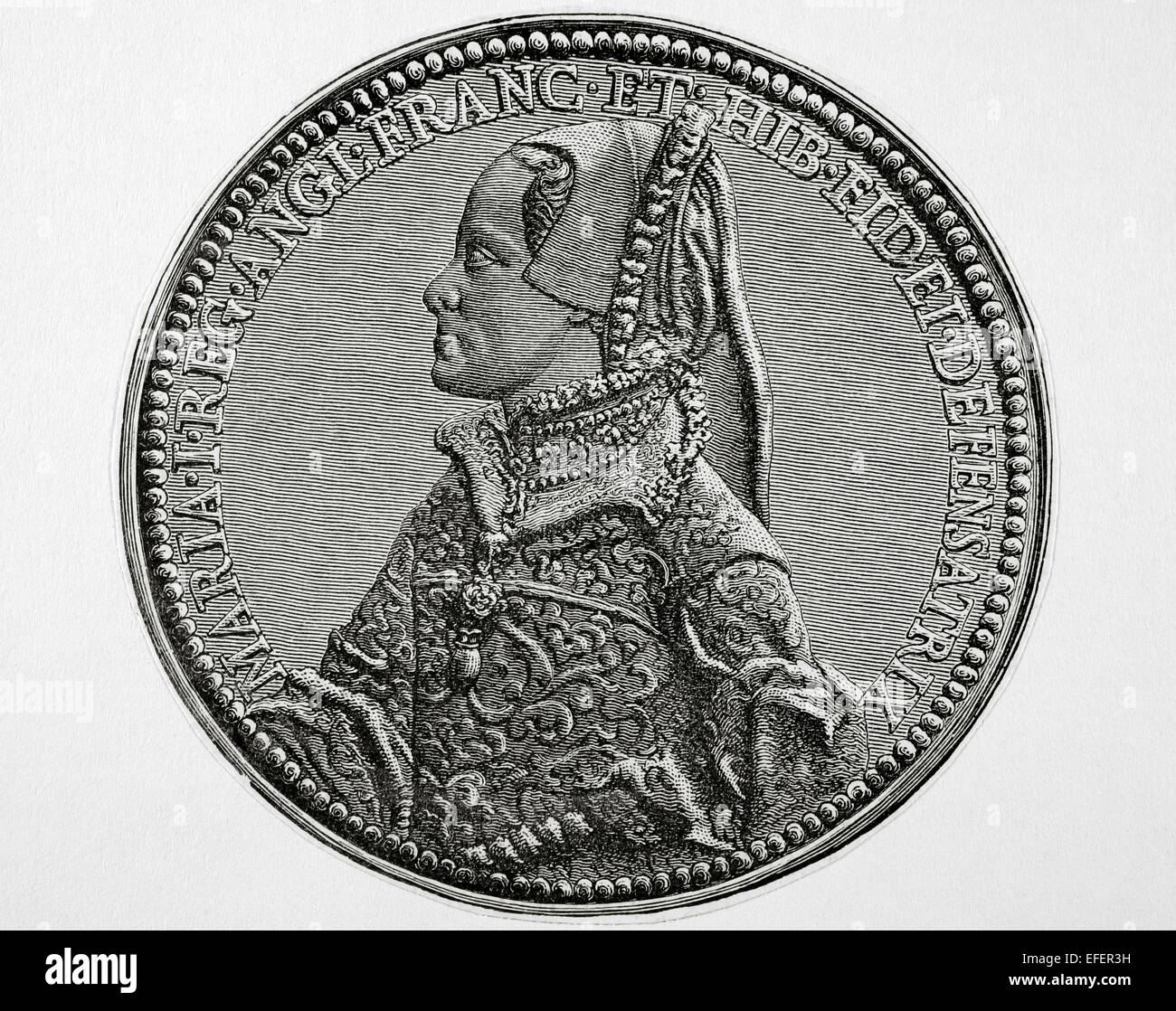Marie d'Angleterre (1516-1558). Reine d'Angleterre et l'Irlande. Portrait. Gravure en 'Historia Universal', 1883. Banque D'Images