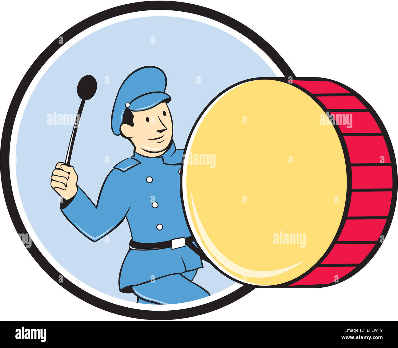 Illustration d'une fanfare de cuivres batteur de tambour battant vu de côté situé à l'intérieur du cercle sur fond isolé fait en style cartoon. Banque D'Images