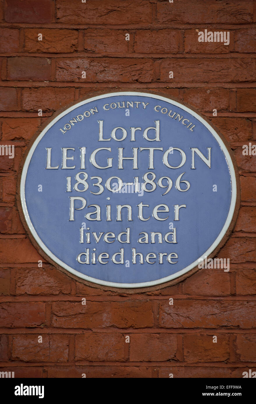 Le london county council blue plaque marquant un accueil et un décès du peintre seigneur Leighton, Kensington, Londres, Angleterre Banque D'Images