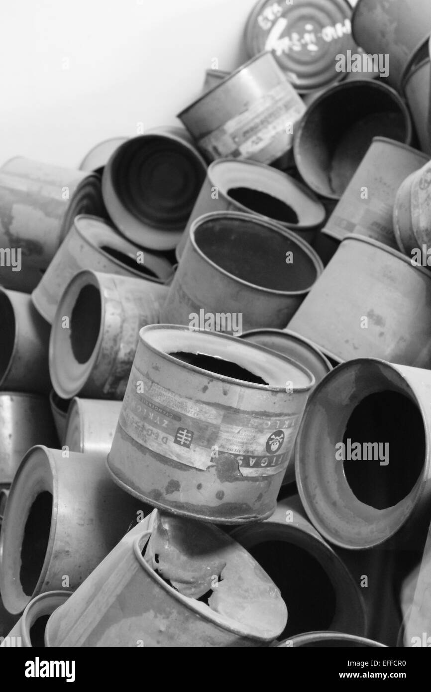 Boîtes vides de Zyklon B à gaz de concentration d'Auschwitz, Pologne Banque D'Images