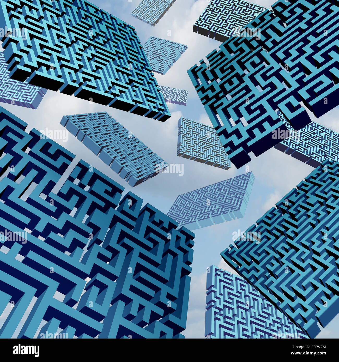 Confusion labyrinthe concept comme un groupe de trois dimensions pièces labyrinthe flottant dans le ciel comme une métaphore des choix direction confus ou trouver une solution. Banque D'Images