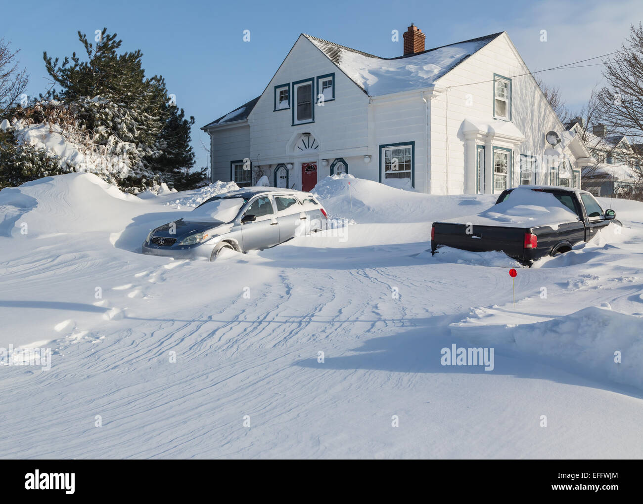 Prince Edward Island, Canada. 3, 2015. Météo Canada : Blizzard frappe la côte est du Canada et des États-Unis de fermer les écoles, les entreprises et bureaux et enterrer les logements et les véhicules sous la neige tomber. Le bureau de l'environnement avertit de plus blizzard et les conditions de neige dans les prévisions. Credit : Verena Matthieu/Alamy Live News Banque D'Images