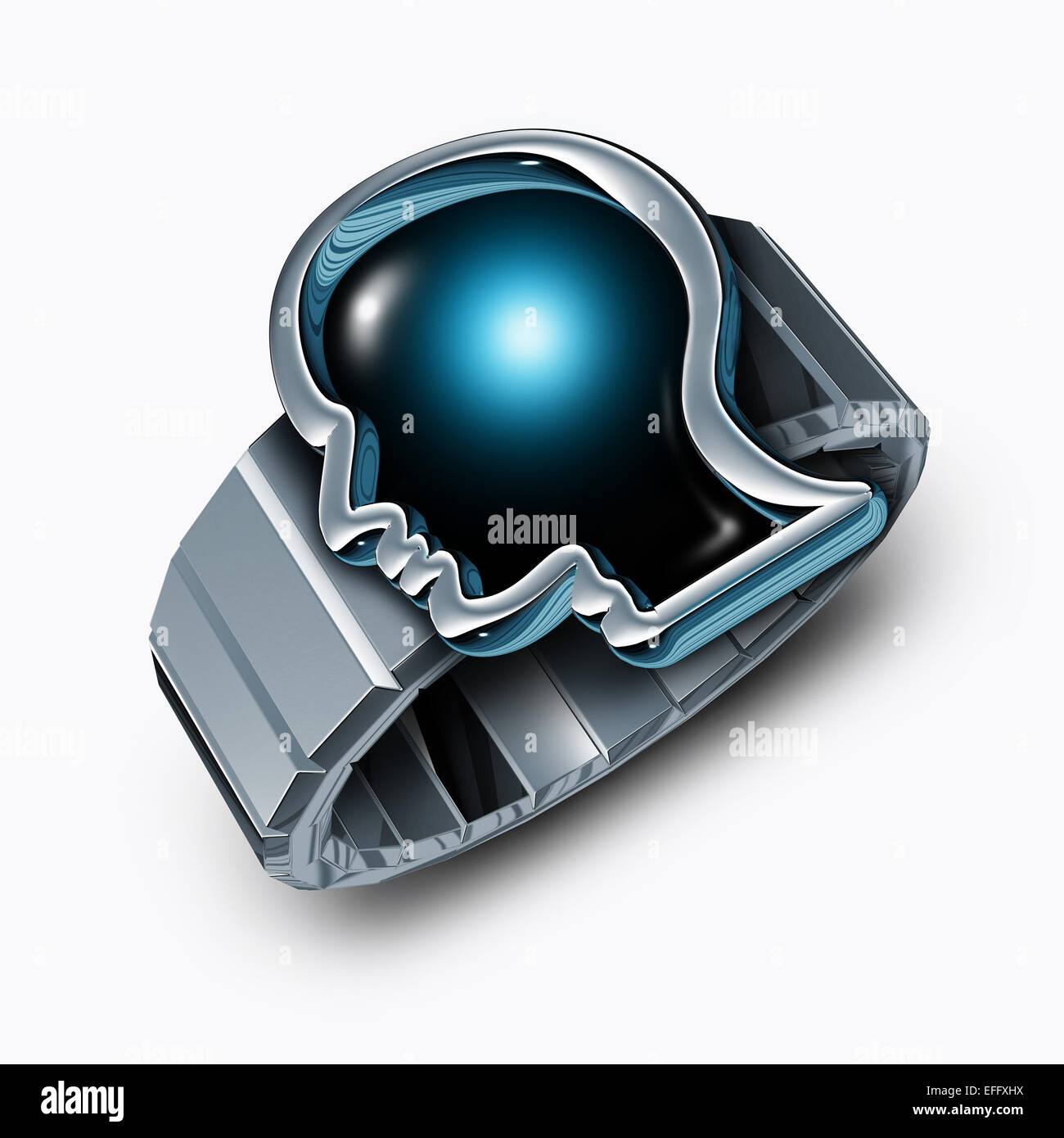 Smart watch concept ou symbole smartwatch comme un metal moderne avec un morceau de temps en forme de tête humaine comme une technologie gadget avec un écran tactile. Banque D'Images