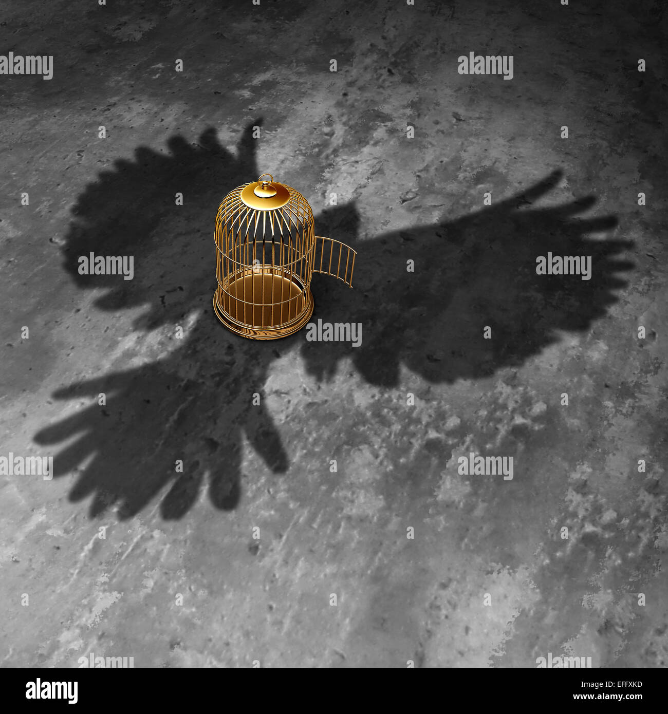 La liberté de la cage comme un concept ouvert avec une cage à oiseau géant cast shadow avec volant au-dessus des ailes ouvertes comme un symbole de liberté et de justice. Banque D'Images