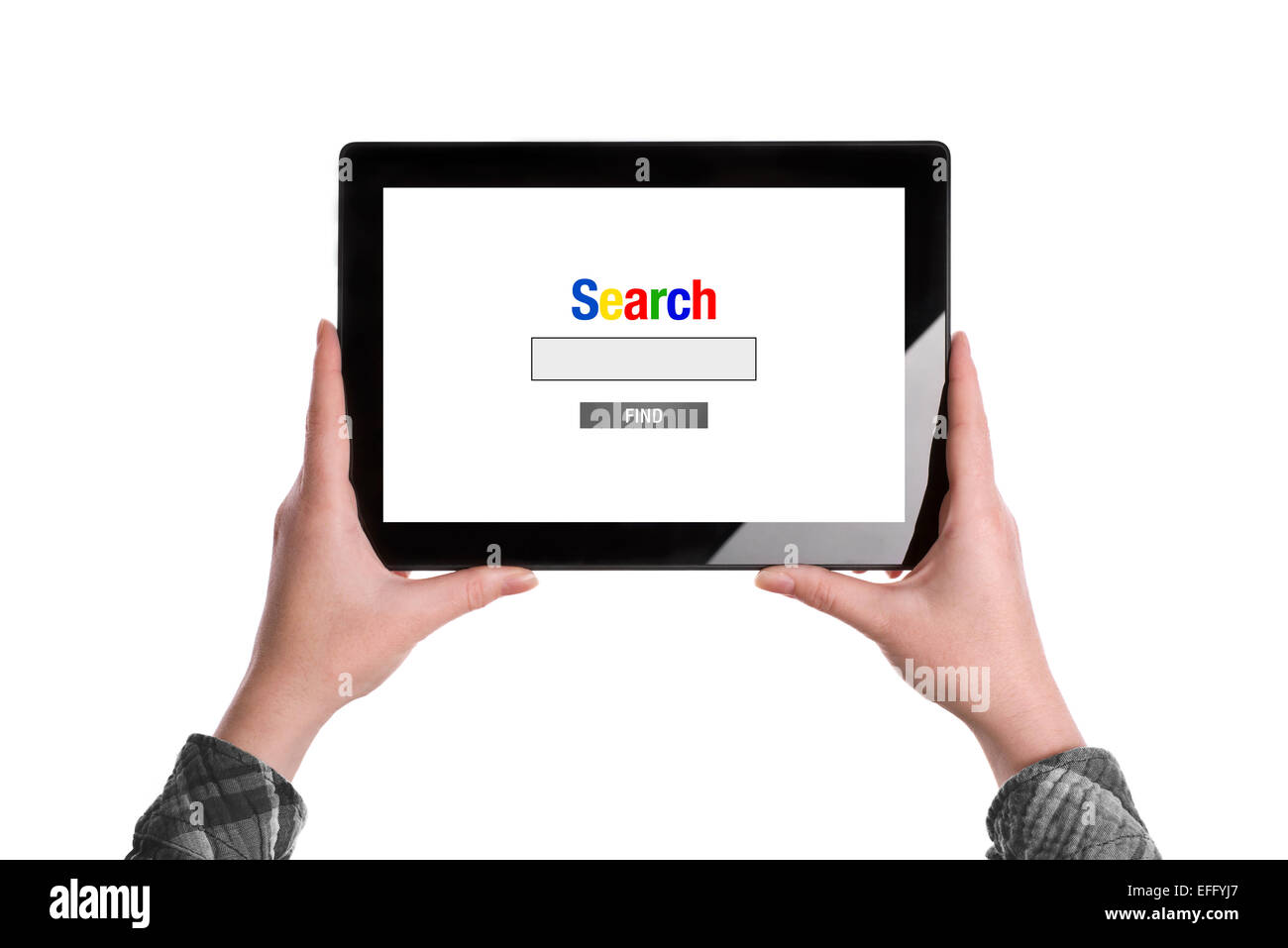 La recherche sur Internet Tablet Concept, Hands Holding Digital Tablet Computer isolé sur fond blanc Banque D'Images