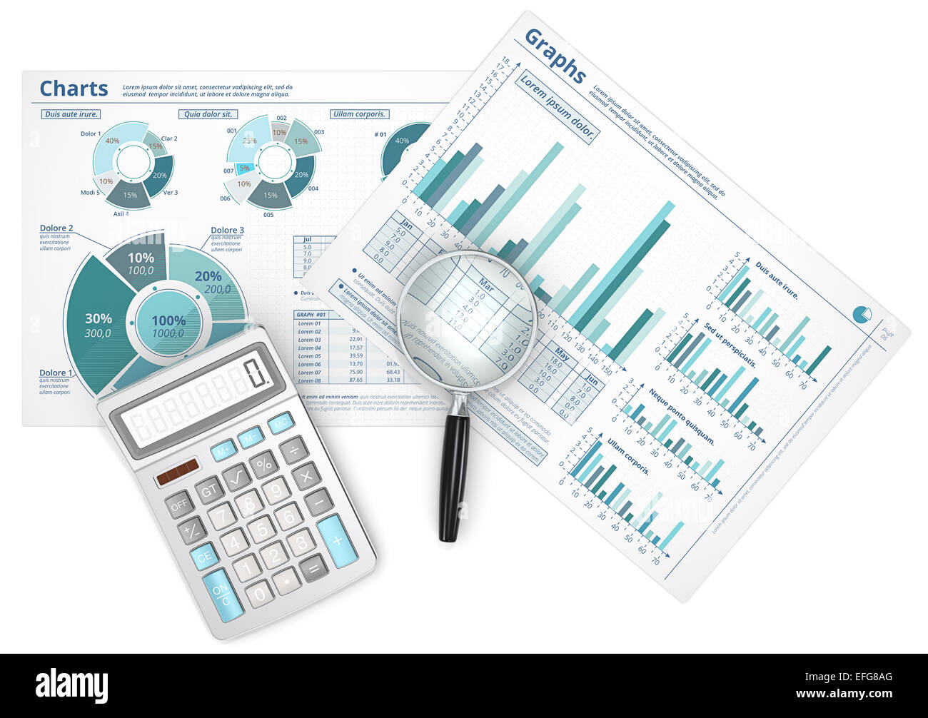 Les données d'infographies avec loupe et Calculatrice. Banque D'Images